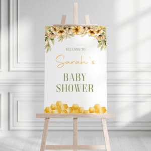 Letrero de bienvenida para baby shower con diseño de abeja, letrero de bienvenida para baby shower con diseño de abeja y miel, plantilla de letrero de bienvenida para baby shower con diseño de abeja, letrero de bienvenida con diseño de panal de abeja, baby shower