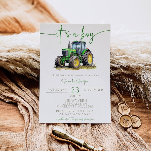 EDITABLE Tractor Baby Shower Invitation, Green Tractor Invitation, Oh Boy Invite, Farm Baby Shower Invitation, Printable Template