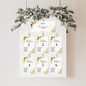 Cartes de plan de salle de tournesol, plan de salle de mariage, plan de salle d’automne, modèle de salle, numéros de table de tournesol, modifiables