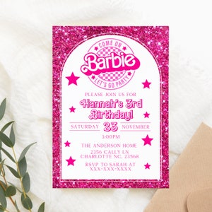 Invitación editable de Barbi, fiesta de cumpleaños de muñeca rosa, fiesta de Barbe, invitación digital de invitación de Barbi, plantilla imprimible imagen 1