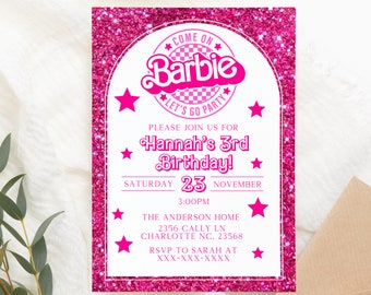 Bearbeitbare Barbi Einladung, Rosa Puppen-Geburtstagsfeier, Barbe Party, Barbi einladen Digitale Einladung, druckbare Vorlage