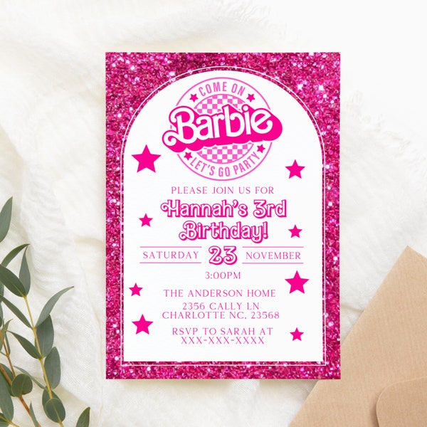 Invitación editable de Barbi, fiesta de cumpleaños de muñeca rosa, fiesta de Barbe, invitación digital de invitación de Barbi, plantilla imprimible