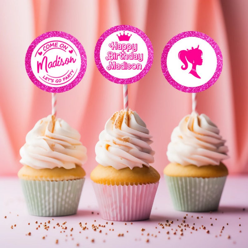 Editable Hot Pink Glitter Fashion Doll Birthday Cupcake Toppers Template, Pink Glitter Party, Instant Download image 3