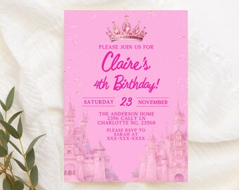 Invitación de cumpleaños de princesa niña princesa fiesta de cumpleaños invitar tema princesa rosa plantilla editable descarga digital instantánea imprimible