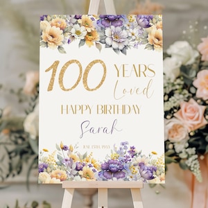 100. Geburtstagsparty Willkommensschild, Lila Blumen-Geburtstagsfeier Willkommensschild, Dekorationen zum 100. Geburtstag, 100 Jahre geliebt