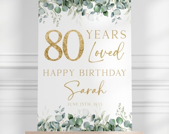80 Jahre geliebt, 80er Geburtstagsparty Willkommensschild zum Ausdrucken, Greenery Geburtstagsparty Willkommen Poster, Dekorationen 80er Geburtstag
