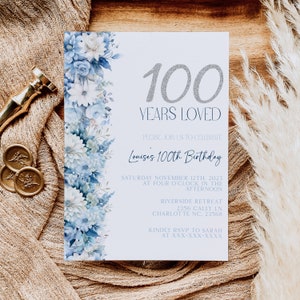 100th Birthday Invitation, Printable 100th Birthday Party Invitation, Blue Floral 100th Birthday Invite