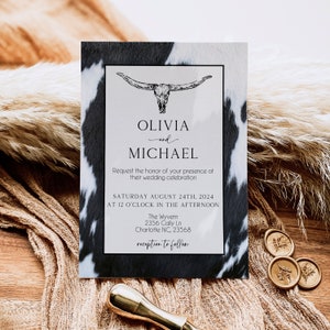 Western Wedding Invitation, Black Wedding Invitation Template, Boho Black Wedding Invite, Longhorn