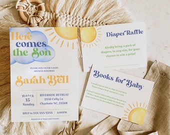 Voici l'invitation de baby shower, modifiable Here Comes the Son, invitation numérique Here Comes the Sun, invitation de baby shower