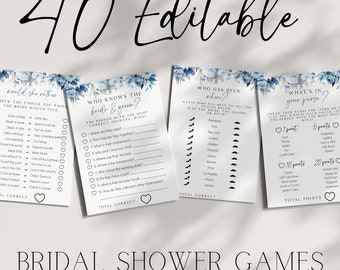 Paquete de juegos para despedida de soltera, juegos para despedida de soltera en azul polvoriento, plantilla de juegos para despedida de soltera con flores vintage, despedida de soltera estilo chinoiserie, editable