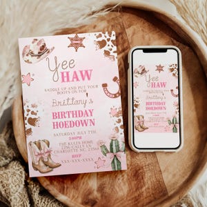 Pink Cowgirl Birthday Invitation, Country Western Invite, Cowgirl Hoedown Birthday Party Invite, Cowgirl Invitation, Editable Template