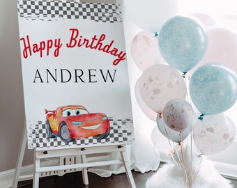 Cars Birthday Welcome Sign Boy Lighting McQueen Race Car Party Decoration Welcome Outdoor Yard Sign Editable Template Printable