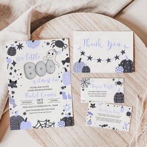 Editable Blue A Little Boo Baby Shower Invitation Bundle, Boy Halloween Baby Shower Invite, Ghost Halloween Baby Shower Invite, Baby Shower
