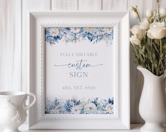Plantilla de letrero personalizado para despedida de soltera con temática azul, letrero de regalos, letrero de recuerdos, letrero azul empolvado imprimible