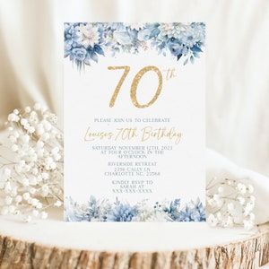 Floral 70th Birthday Invitation, Printable 70th Birthday Party Invitation, Navy and Gold Floral 70th Birthday Invite