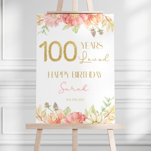 100. Geburtstagsparty Willkommensschild, rosa Blumen-Geburtstagsparty-Willkommensplakat, Dekorationen zum 100