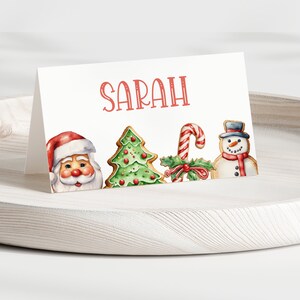 Plantilla de tarjeta de lugar para galletas navideñas, tarjeta de asiento para fiesta navideña, tarjeta de nombre, descarga instantánea