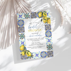 Mediteran Zitrone Brautparty Einladung Vorlage, Italienisch Blaue Fliesen Brautparty einladen, Main Squeeze, Instant Download