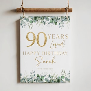 Signo de bienvenida de la fiesta de cumpleaños número 90, cartel de bienvenida de la fiesta de cumpleaños verde, decoraciones de cumpleaños número 90, 90 años amados