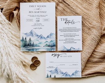 Mountain Wedding Invitation Template, Woodland Forest Pine Wedding Invite Suite, Rustic Sage Details Card