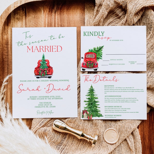 Christmas Wedding Invitation Template, Truck Wedding Invitation, Holiday Wedding Invitation Printable, Wedding Bundle