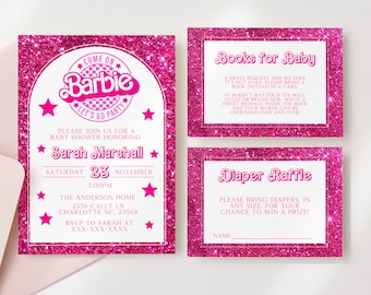 Faire-part de shower de bébé modifiable Barbie, invitation de shower de bébé poupée rose, fête Barbi, invitation numérique d'invitation de Barbie, modèle imprimable