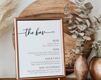 Letrero para bar de bodas, plantilla de menú de bebidas moderno, menú de bar minimalista para bodas, menú de bebidas sencillo para bodas imprimible, letreros para bodas
