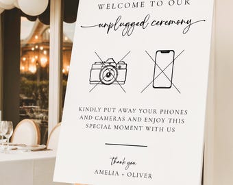 Plantilla de cartel de bienvenida para ceremonia sin dispositivos electrónicos, cartel imprimible para bodas "No se permiten dispositivos", "No se permiten teléfonos ni cámaras" tachado, hazlo tú mismo