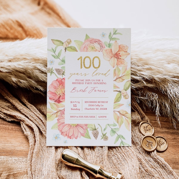 Floral 100th Birthday Invitation, Printable 100th Birthday Party Invitation, Burgundy Floral 100th Birthday Invite