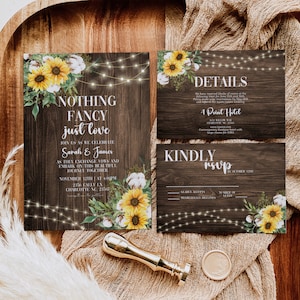 Tournesol rustique Rien de fantaisie Just Love Invitation, Invitation à une réception de mariage rustique modifiable, Suite de mariage tournesol