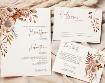 Fall Wedding Invitation, Brown Flowers Wedding Invitation, Printable Wedding Invitation Template, Edit with Corjl