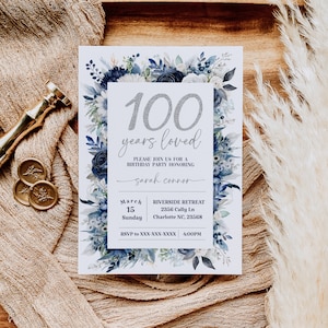 Floral 100th Birthday Invitation, Printable 100th Birthday Party Invitation, Navy Floral 100th Birthday Invite