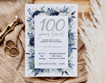 Floral 100th Birthday Invitation, Printable 100th Birthday Party Invitation, Navy Floral 100th Birthday Invite