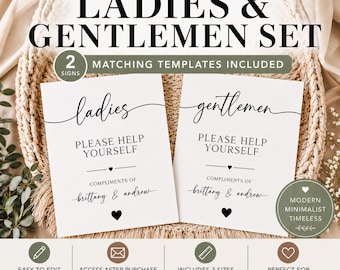 Ladies Bathroom Sign Template, Gentlemen Bathroom Sign Wedding Bathroom Basket Sign, Modern, Minimalist, Contemporary Wedding Sign DIY