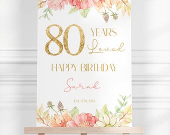 80 Jahre geliebt, 80er Geburtstagsparty Willkommensschild zum Ausdrucken, Pinkes Blumen-Geburtstagsparty-Willkommensplakat, 80er-Geburtstags-Partydekoration