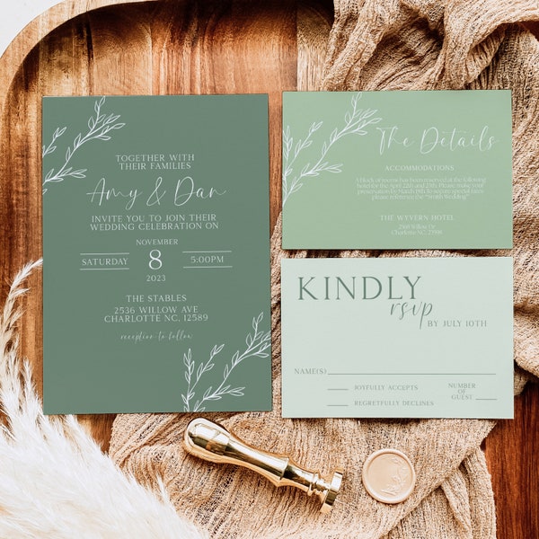 Sage Wedding Invitation Template, Sage Green Wedding Invitation, Printable Wedding Invitation, Detail Card, RSVP Card, Wedding Suite