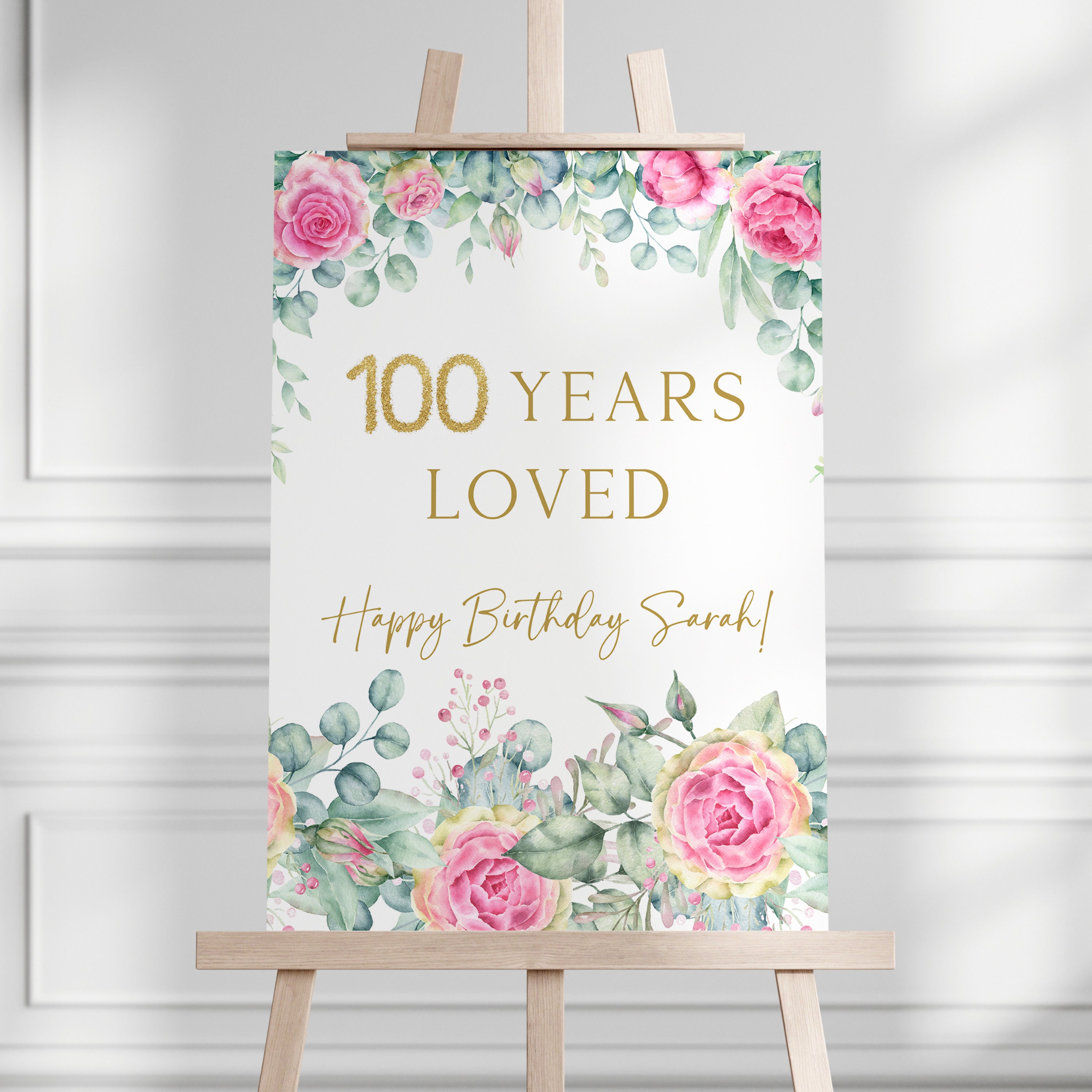 100. Geburtstagsparty Willkommensschild, rosa Blumen-Geburtstagsparty-Willkommensplakat, Dekorationen zum 100