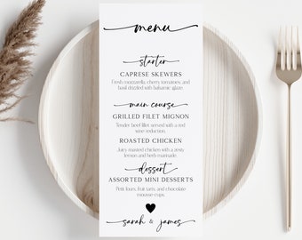 Minimalist Wedding Menu Template, Modern Script Wedding Dinner Menu, Printable, Digital Download, Reception Dinner Menu Editable