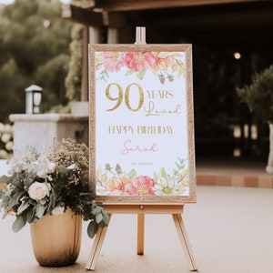 Signo de bienvenida de la fiesta de cumpleaños número 90, cartel de bienvenida de la fiesta de cumpleaños floral rosa, decoraciones del cumpleaños número 90, 90 años de amor