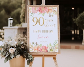 90er Geburtstagsparty Willkommensschild, Pinkes Blumen-Geburtstagsparty-Willkommensplakat, Dekorationen zum 90er Geburtstag, 90 Jahre geliebt