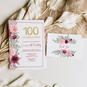 100th Birthday Invitation, Printable 100th Birthday Party Invitation, Burgundy Floral 100th Birthday Invite