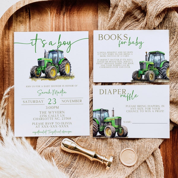 EDITABLE Tractor Baby Shower Invitation, Green Tractor Invitation, Oh Boy Invite, Farm Baby Shower Invitation, Printable Template