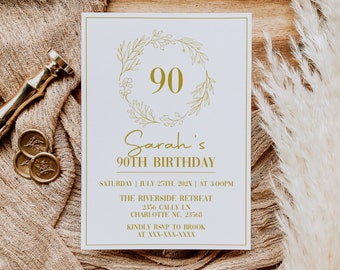 Gold 90th Birthday Invitation, 90th Birthday Invite, Invitation Template, Printable Birthday Invitation, Instant Download