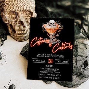Halloween Costumes and Cocktails Invitation Editable Template, Adult Halloween Party Invite Digital Invitations, Neon Halloween eCard Evite
