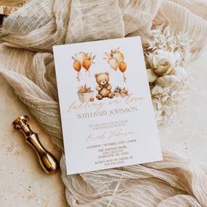 Falling in Love Baby Shower Editable Invitation, Bear Baby Shower Invite, Gender Neutral Baby Shower, Autumn Floral Shower Invite