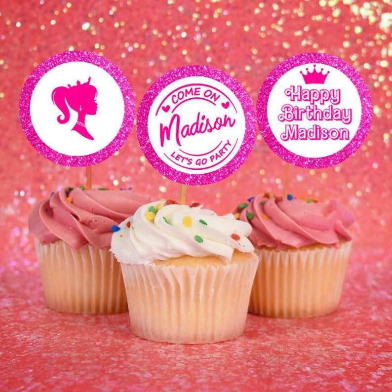 Editable Hot Pink Glitter Fashion Doll Birthday Cupcake Toppers Template, Pink Glitter Party, Instant Download image 4