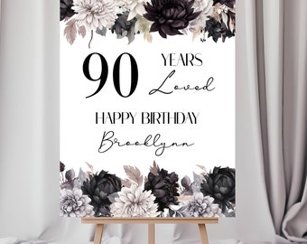 90th Birthday Party Welcome Sign, Black Floral Birthday Party Welcome Poster, 90th Birthday Decorations, 90 Years Loved