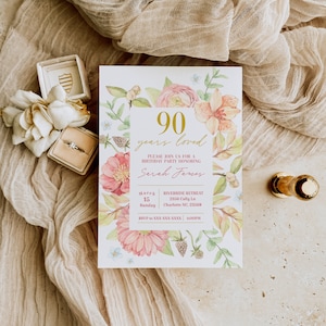 Rose Gold 90e verjaardagsuitnodiging, 90e verjaardag uitnodigen, uitnodigingssjabloon, afdrukbare verjaardagsuitnodiging, Instant Download