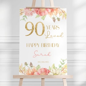 90. Geburtstagsparty Willkommensschild, Rosa Blumen Geburtstagsparty Willkommensplakat, 90er Geburtstag Dekorationen, 90 Jahre Geliebt
