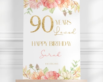 90. Geburtstagsparty Willkommensschild, Rosa Blumen Geburtstagsparty Willkommensplakat, 90er Geburtstag Dekorationen, 90 Jahre Geliebt